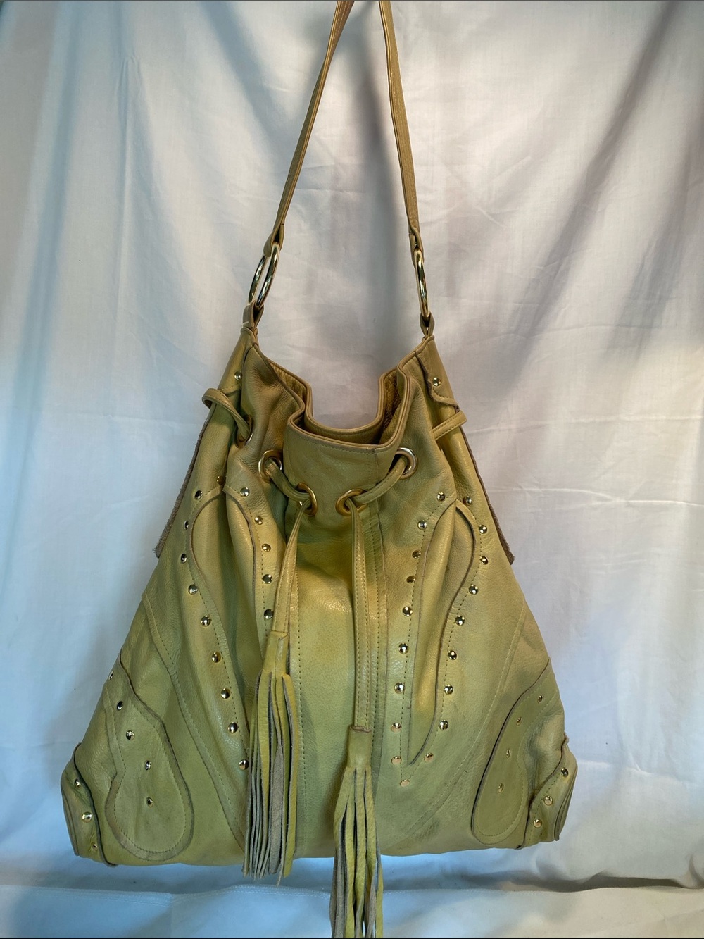 Bulga Leather Large Hobo Tassel Drawstring Shoulder Bag Gold Studs